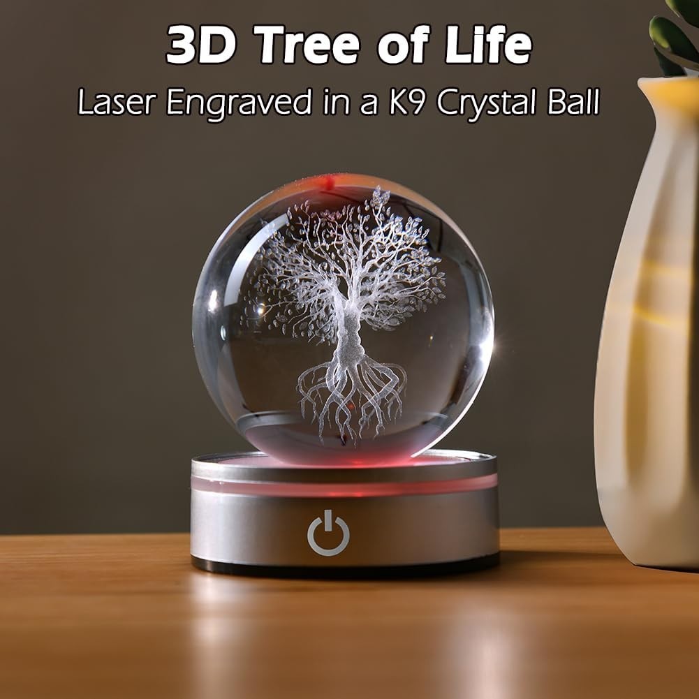 3D Tree of Life Crystal Ball LED Light • Engraved Glass Sphere Ornament