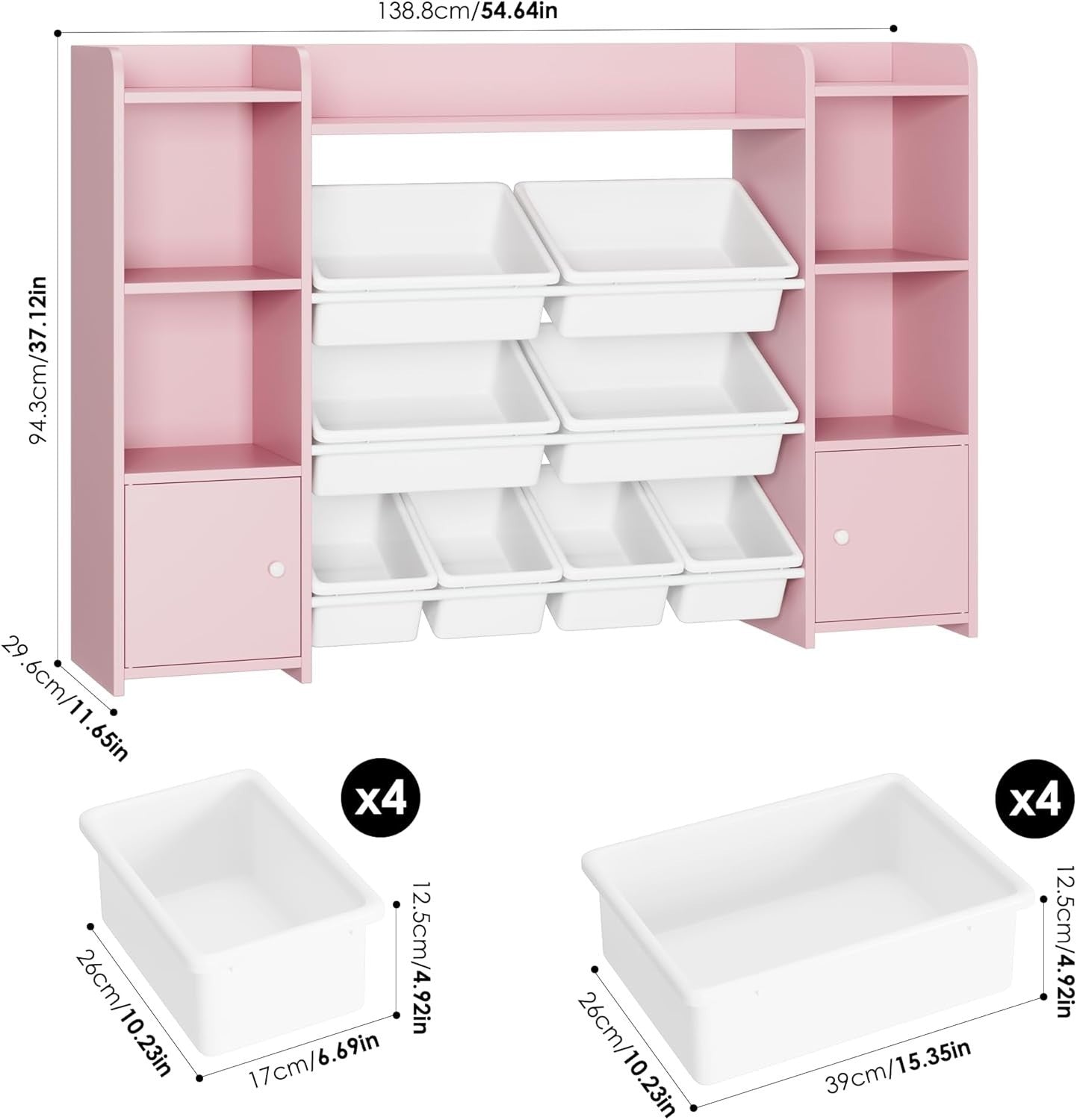 Kids Toy Storage Unit with 8 Boxes & Shelves – Pink Bookcase Organizer