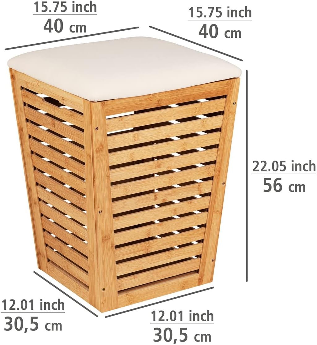 Bamboo Laundry Hamper with Seat Cushion 55L | Modern Ventilated Storage Basket
