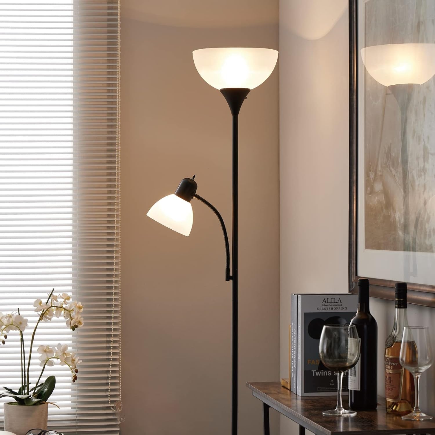 2 Head Floor Lamp with Reading Light Black White Shade Tall Standing Lamp 68"