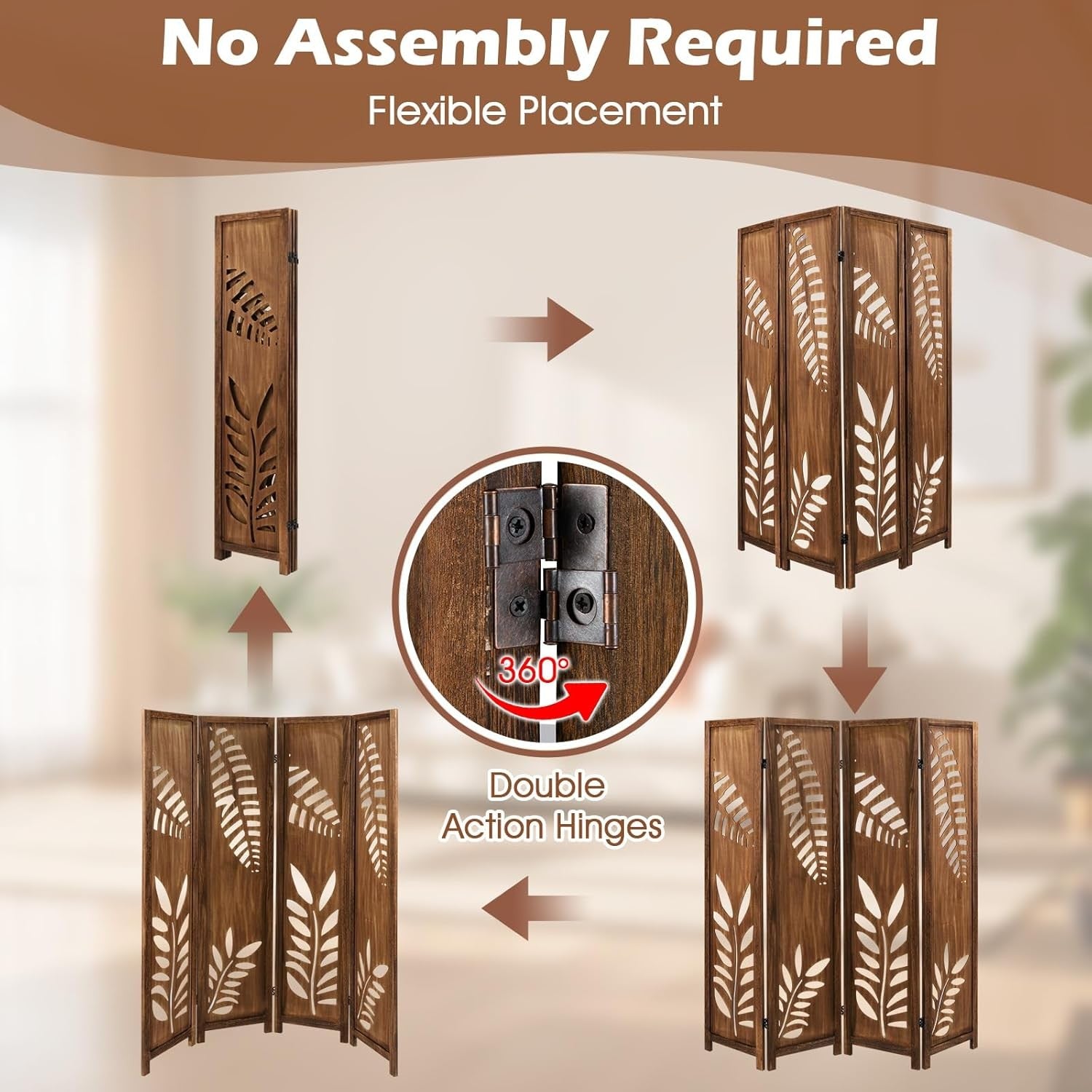 4 Panel Brown Carved Wood Room Divider Leaf Design Privacy Screen 170cm High