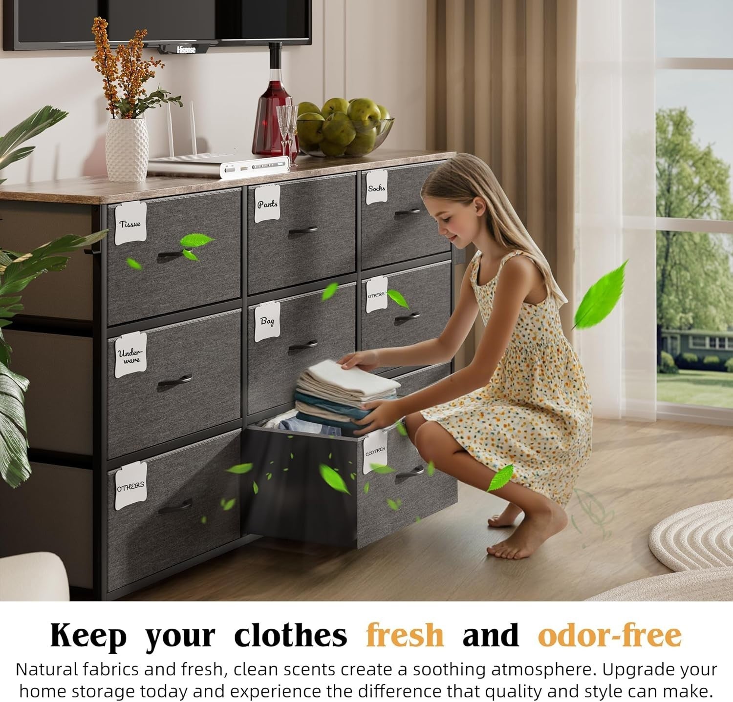 9-Drawer Fabric Dresser with Built-In Power Sockets TV Stand Storage