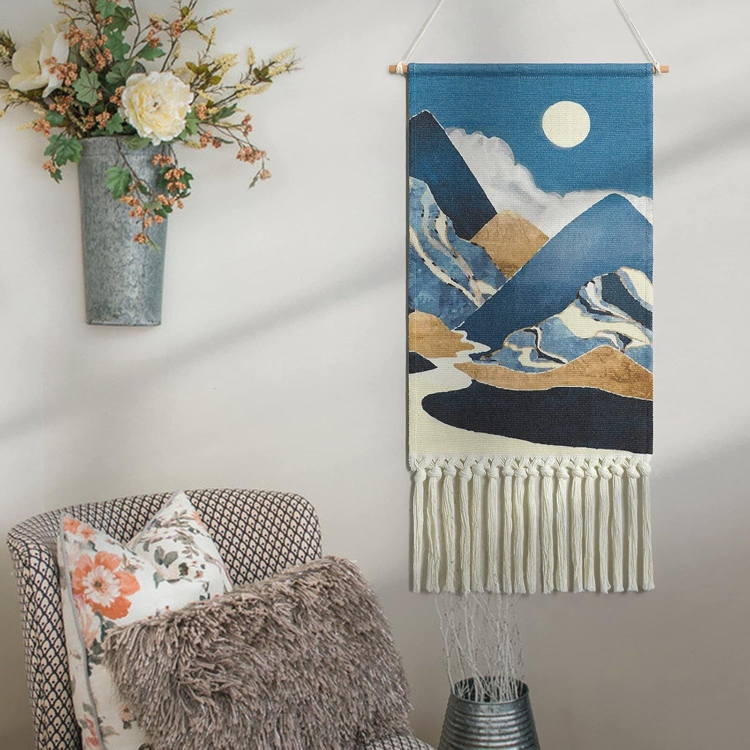 Boho Macrame Wall Hanging Moon Sun Mountain Woven Decor Blue
