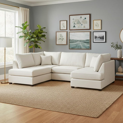 Cream Velvet U-Shaped Modular 5 Seater Sofa - Cinema Corner + Footstool