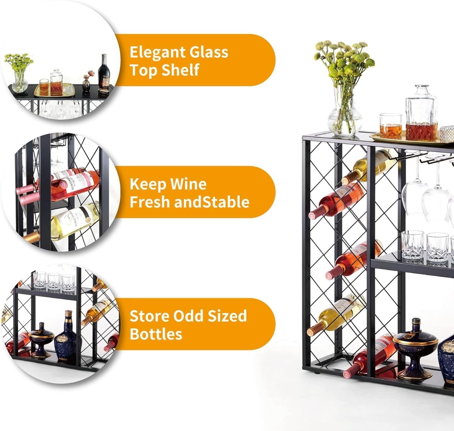 34 Bottle Wine Rack with Glass Top Table Shelf Metal Free Standing Storage Bar