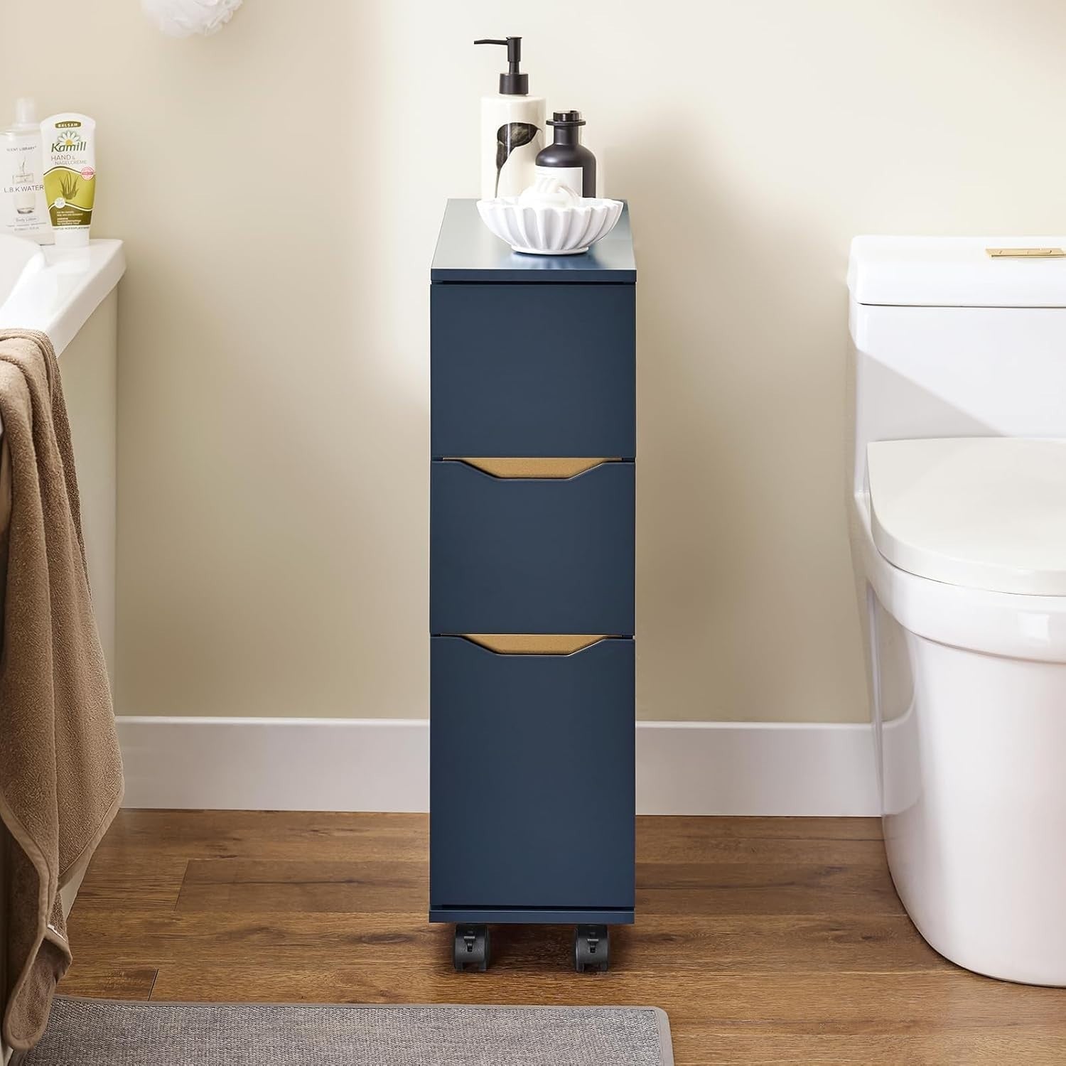 Slim 3-Drawer Bathroom Storage Cabinet with Side Compartment & Wheels