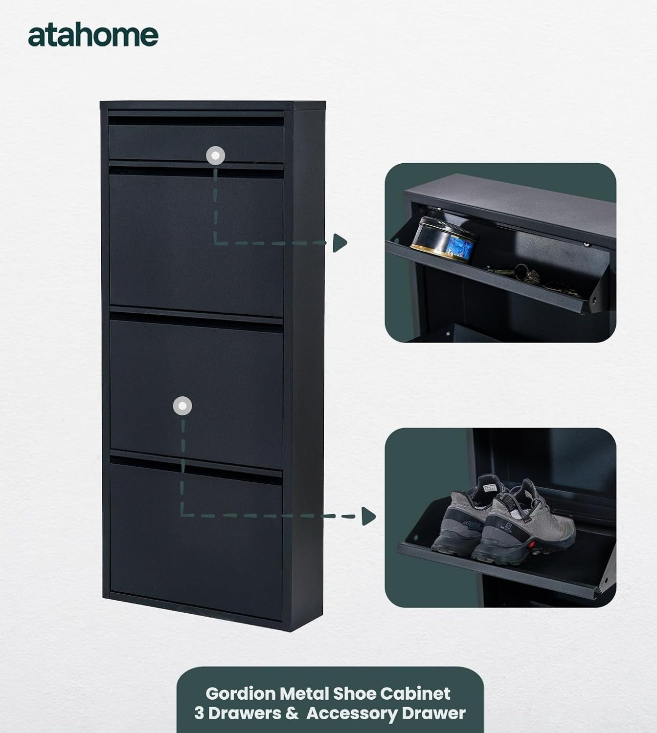 Slim Wall Mounted Shoe Cabinet 3+1 Drawer Metal Storage Organizer Black 114cm