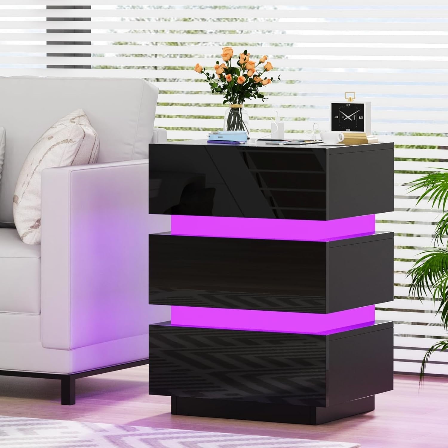 Luxury LED Bedside Table with USB Charging Station, 3 Drawers, Gloss Finish
