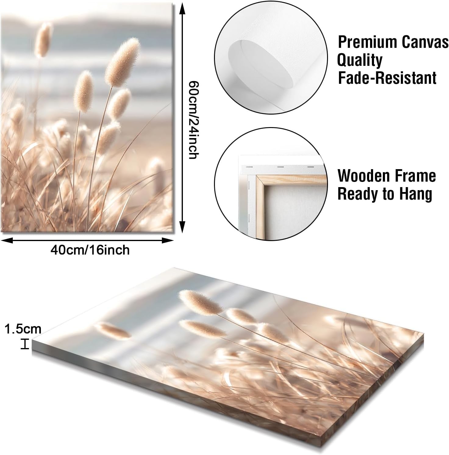 Boho Pampas Grass Canvas Wall Art 40x60 cm Set of 3 Framed Prints