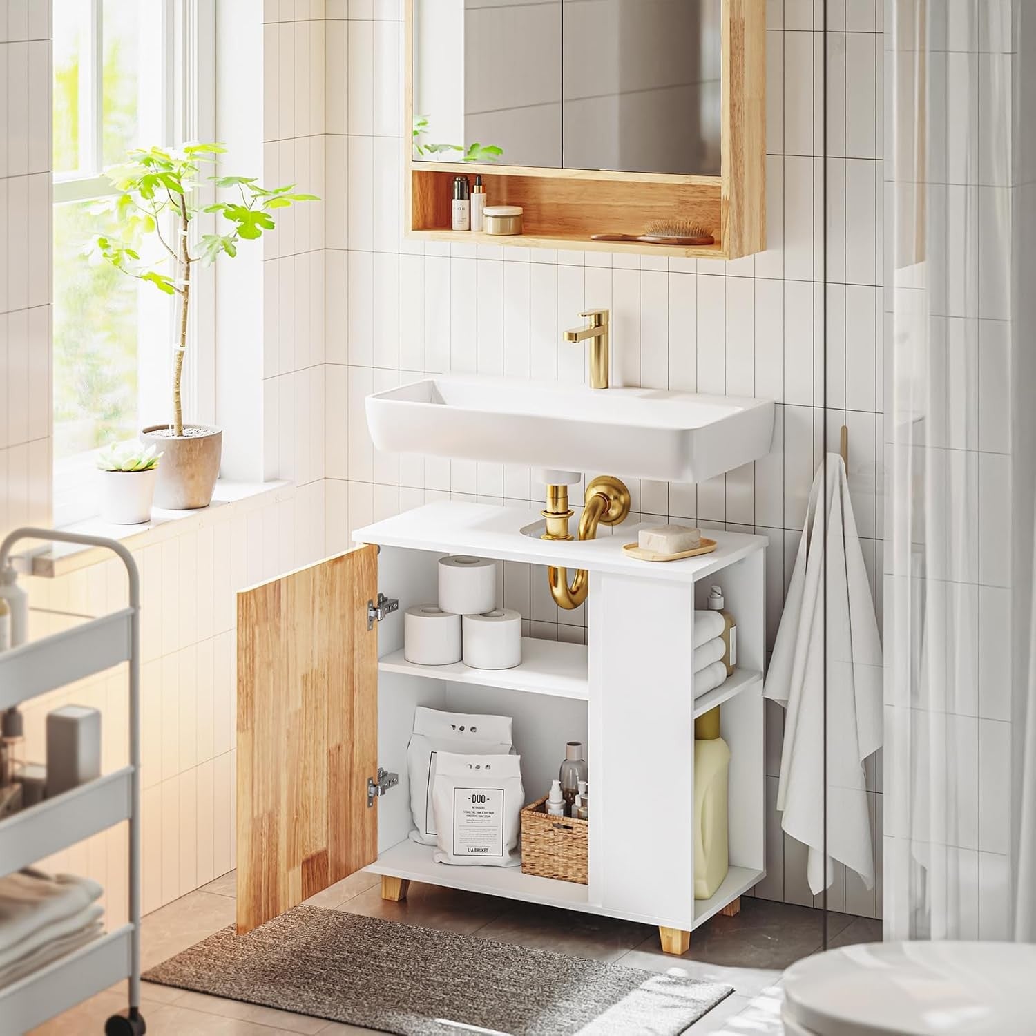 White Under Sink Bathroom Cabinet with Shelves & Cupboard Storage Unit