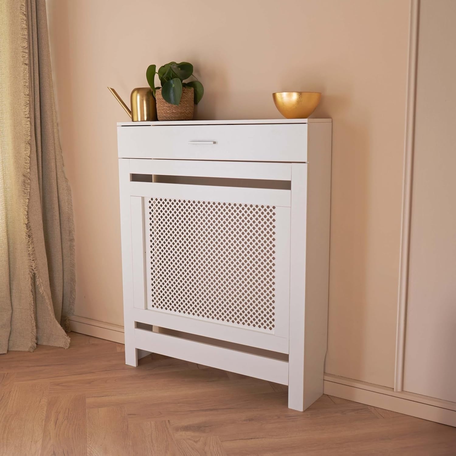 White Radiator Cover with Drawer Diamond Slat W78xH96cm Modern Wooden Cabinet