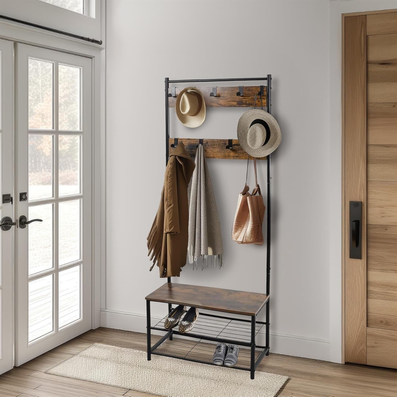 Rustic Brown Coat Rack with Shoe Storage | Industrial Freestanding Hall Tree