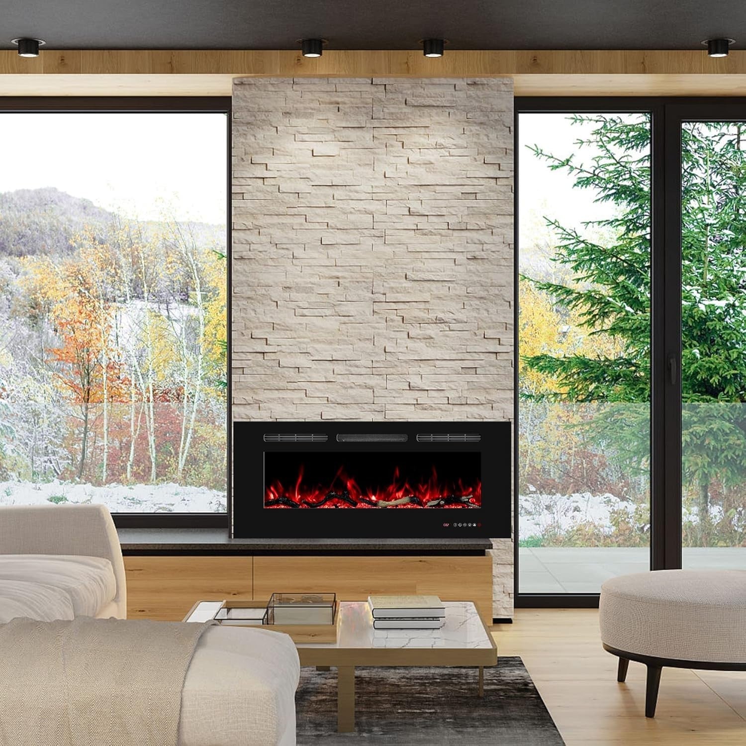 48" Wall Mounted Electric Fireplace Heater LED Fire & Timer Remote