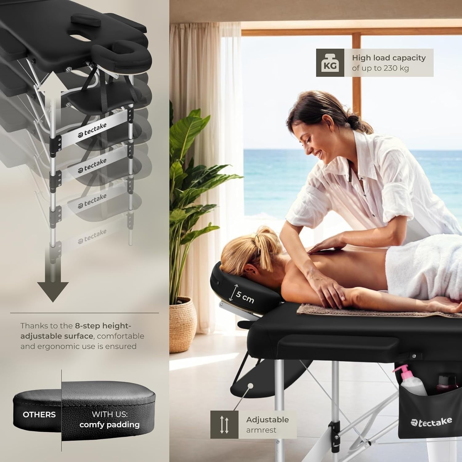 Portable 3 Zone Massage Table Foldable Aluminium Spa Beauty Bed 70cm Black