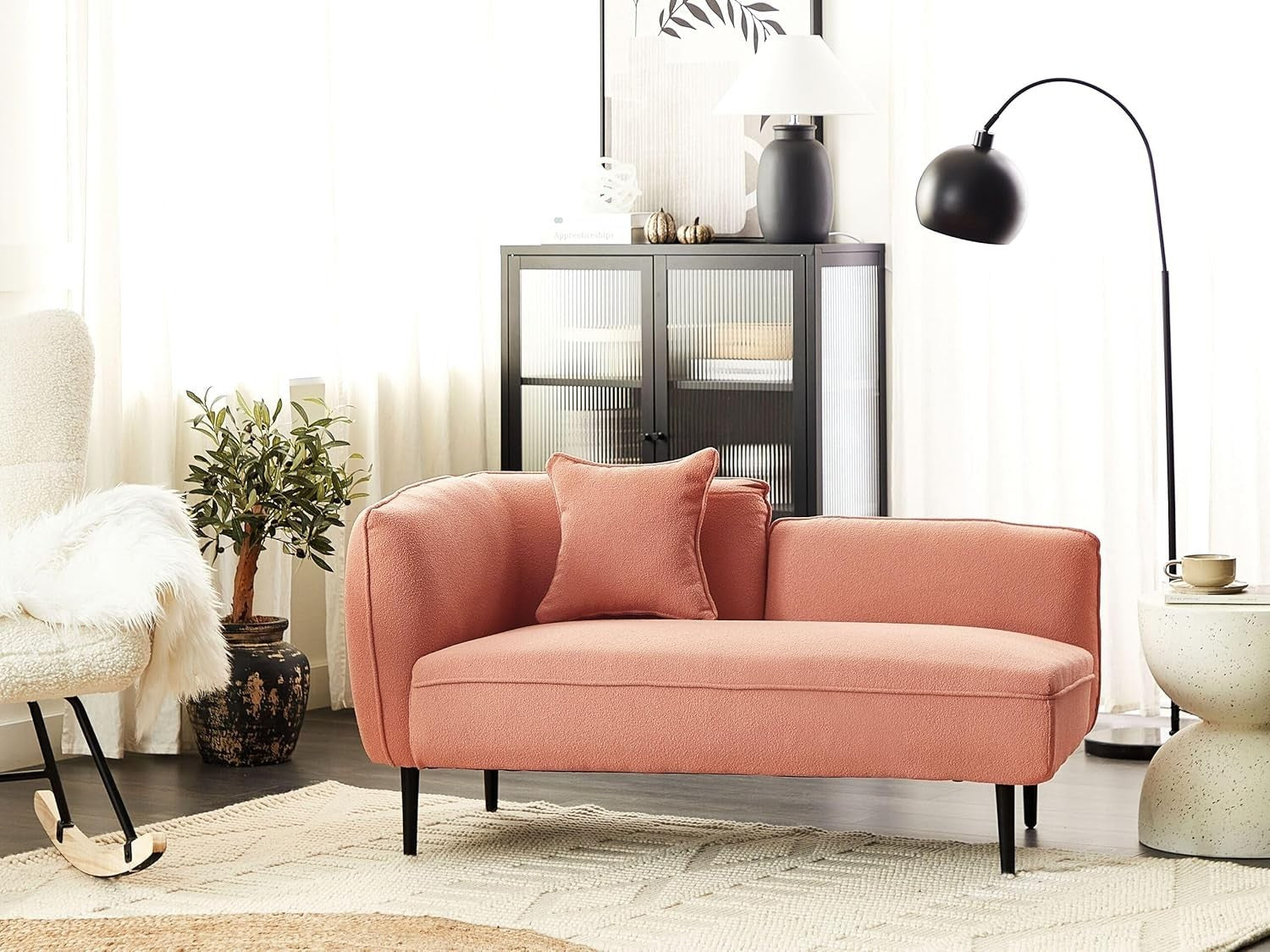 Peach Pink Boucle Left Hand Chaise Lounge Recliner Metal Legs with Cushion