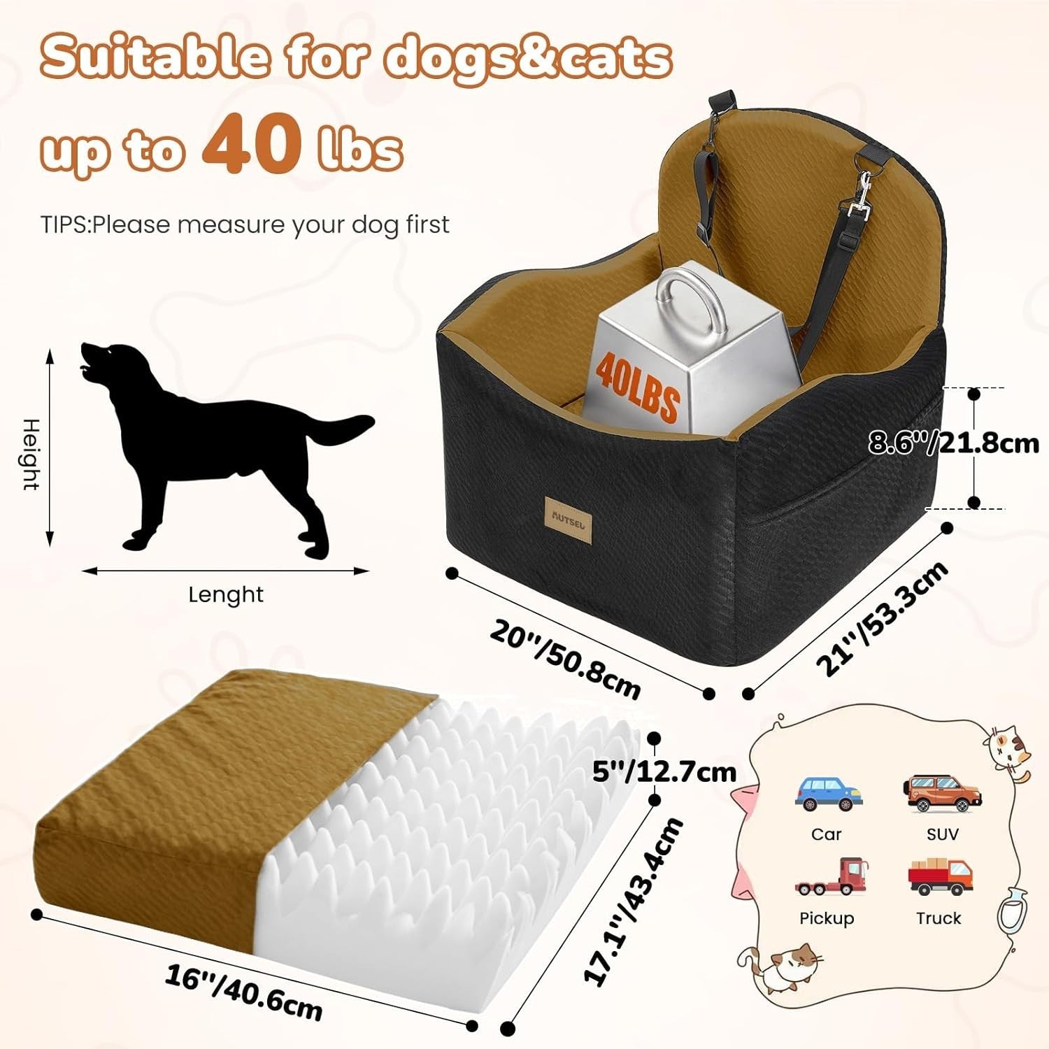Dog Booster Car Seat Waterproof Washable Travel Bed 40lb Black Brown