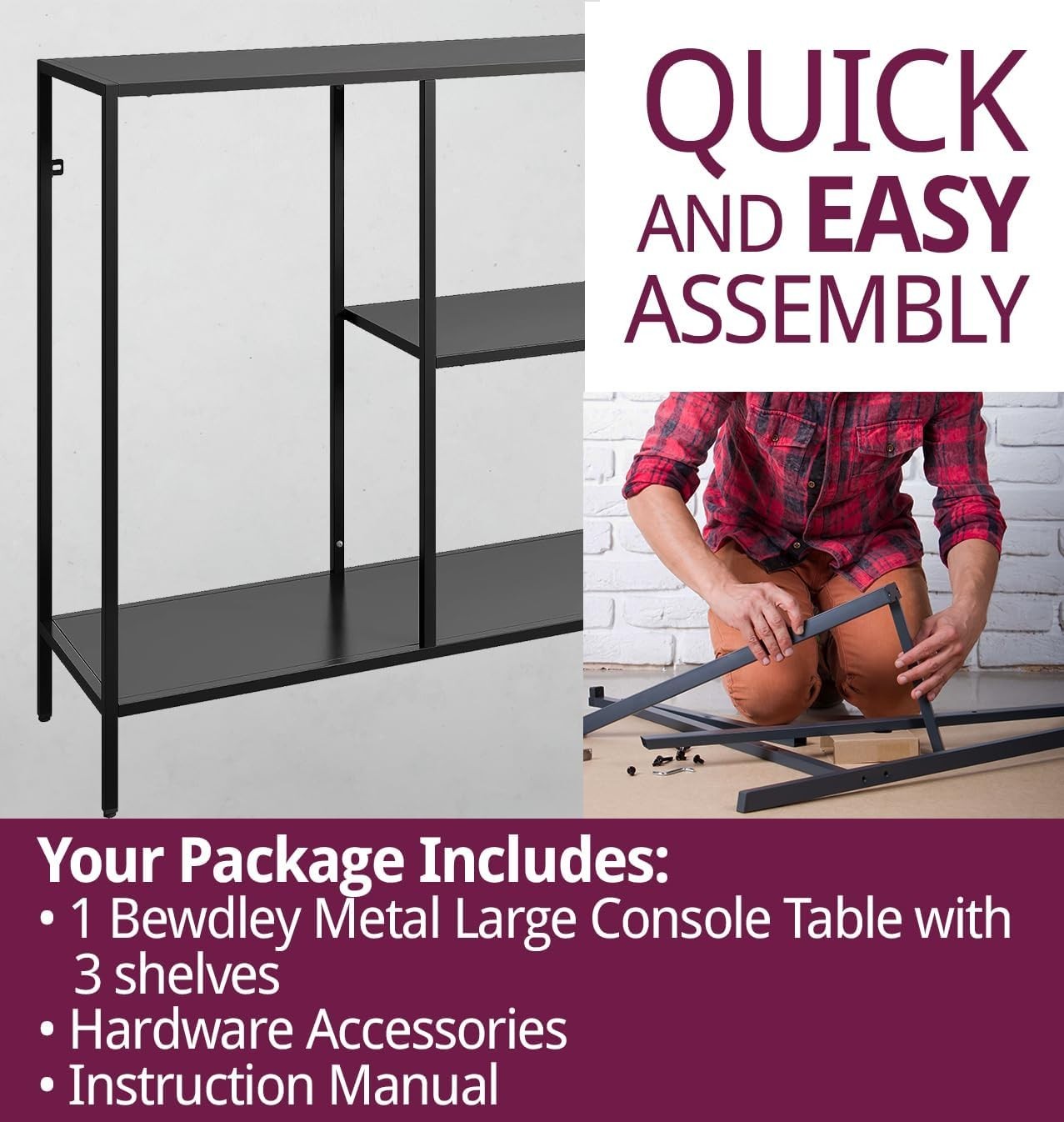 Slim Black Console Table with Storage Shelves – Modern Narrow Hallway Desk