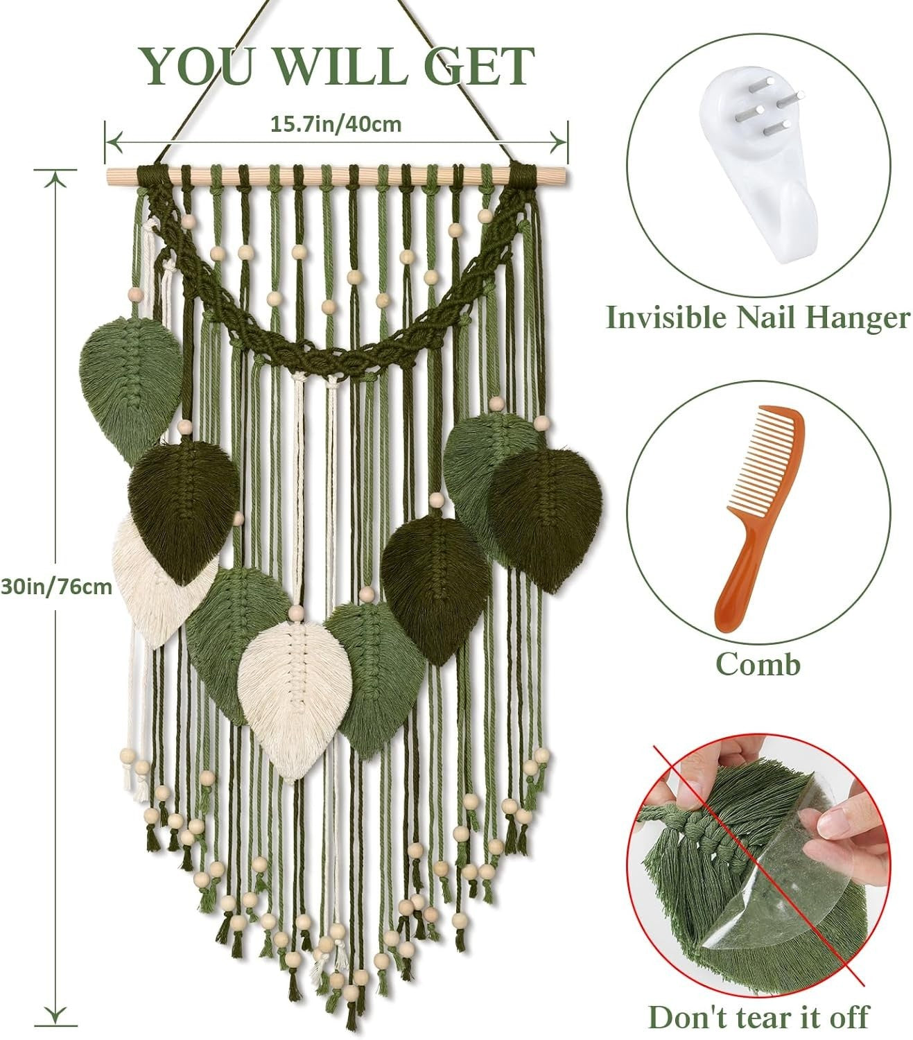 Macrame Wall Hanging Boho Leaf Woven Decor Green & White
