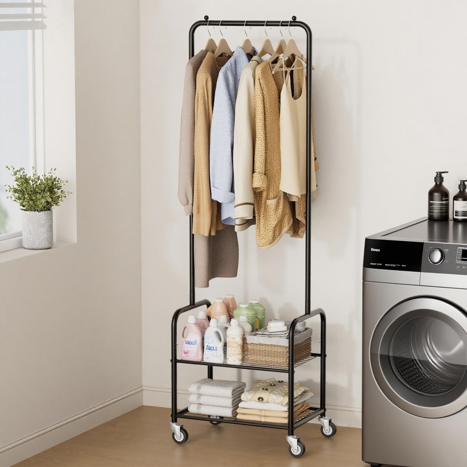 Small Clothes Rail with Shelves & Wheels – Black 178cm