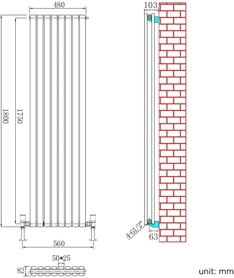 1800x480mm White Vertical Double Oval Panel Designer Radiator Heater