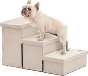 Dog Stairs 3 Step with Storage 18" High Foldable Pet Steps Beige