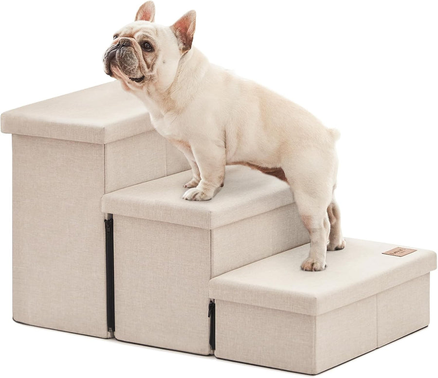 Dog Stairs 3 Step with Storage 18" High Foldable Pet Steps Beige