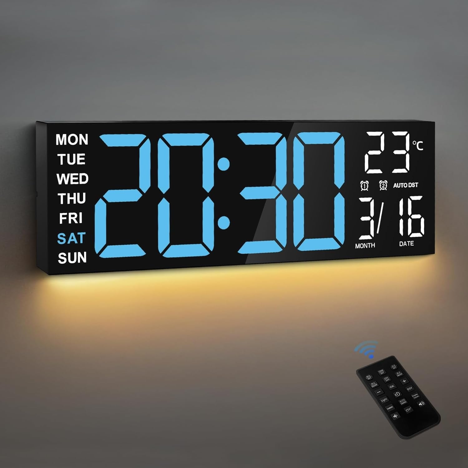 16 Inch Large Digital Wall Clock RGB Remote Dual Alarm Temp Date