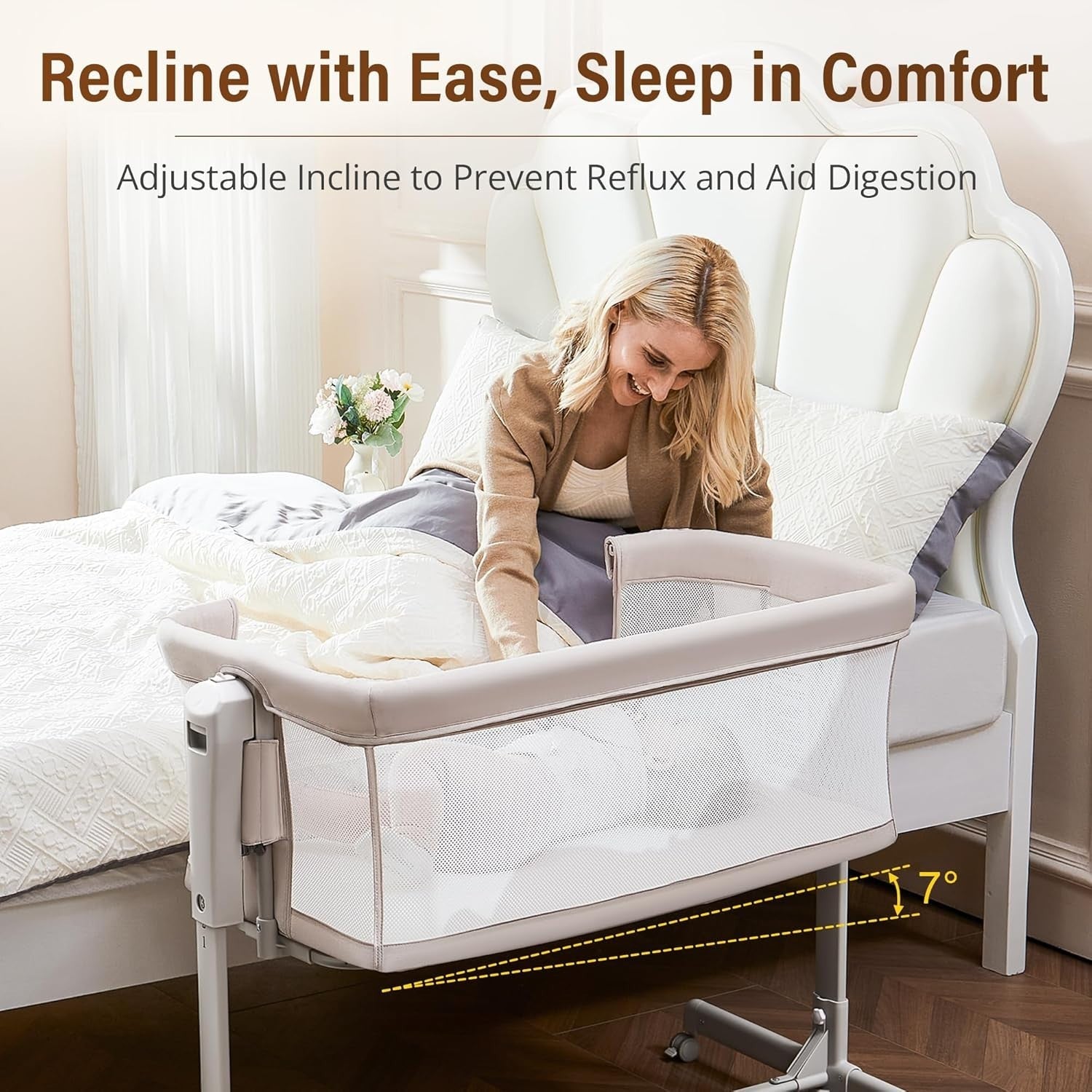 3in1 Baby Rocking Bassinet Bedside Crib Co-Sleeper Cot Breathable Mesh Oatmeal