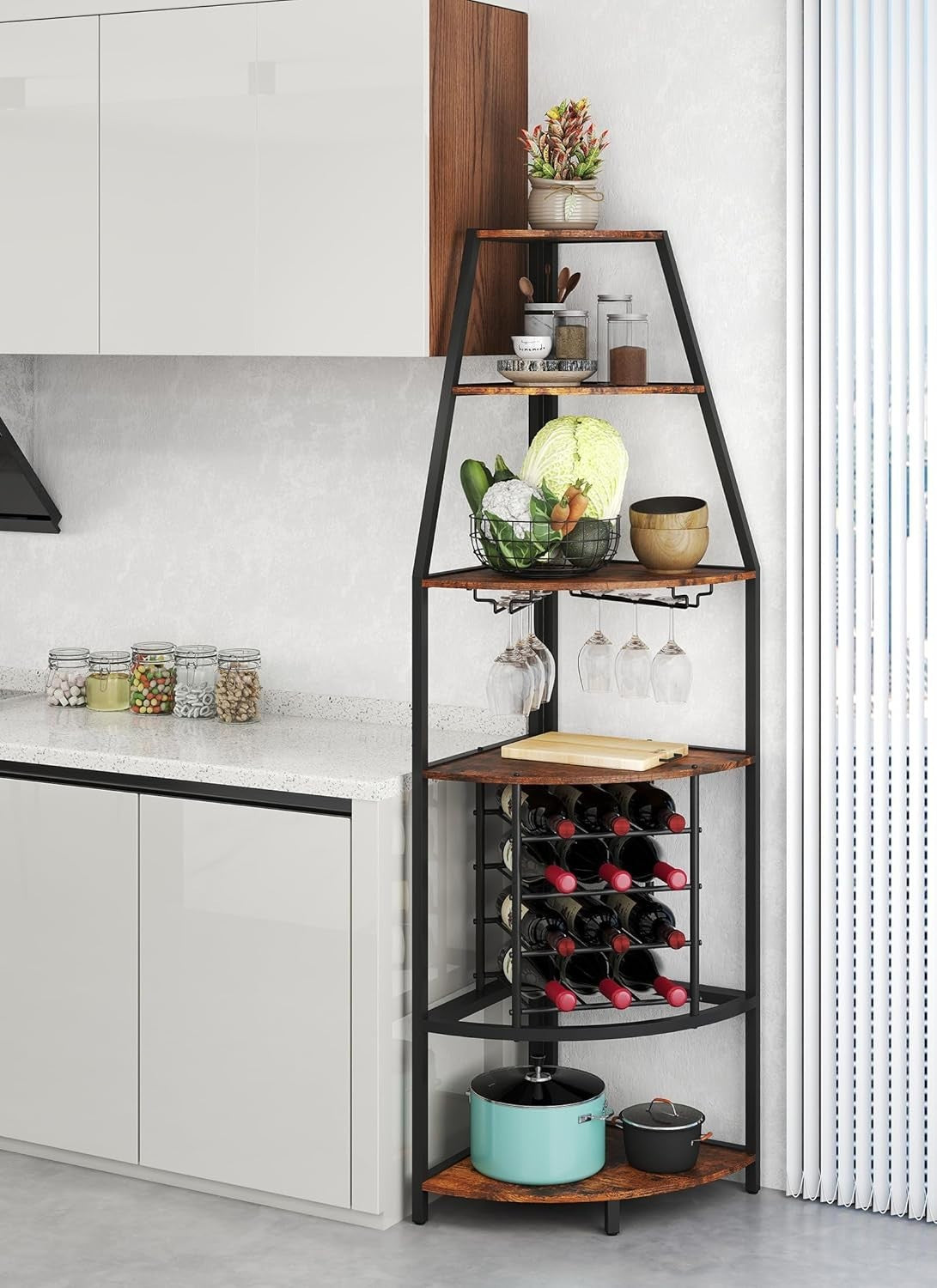 Corner Wine Bar Cabinet 5-Tier Industrial Wine Rack with Glass Holder