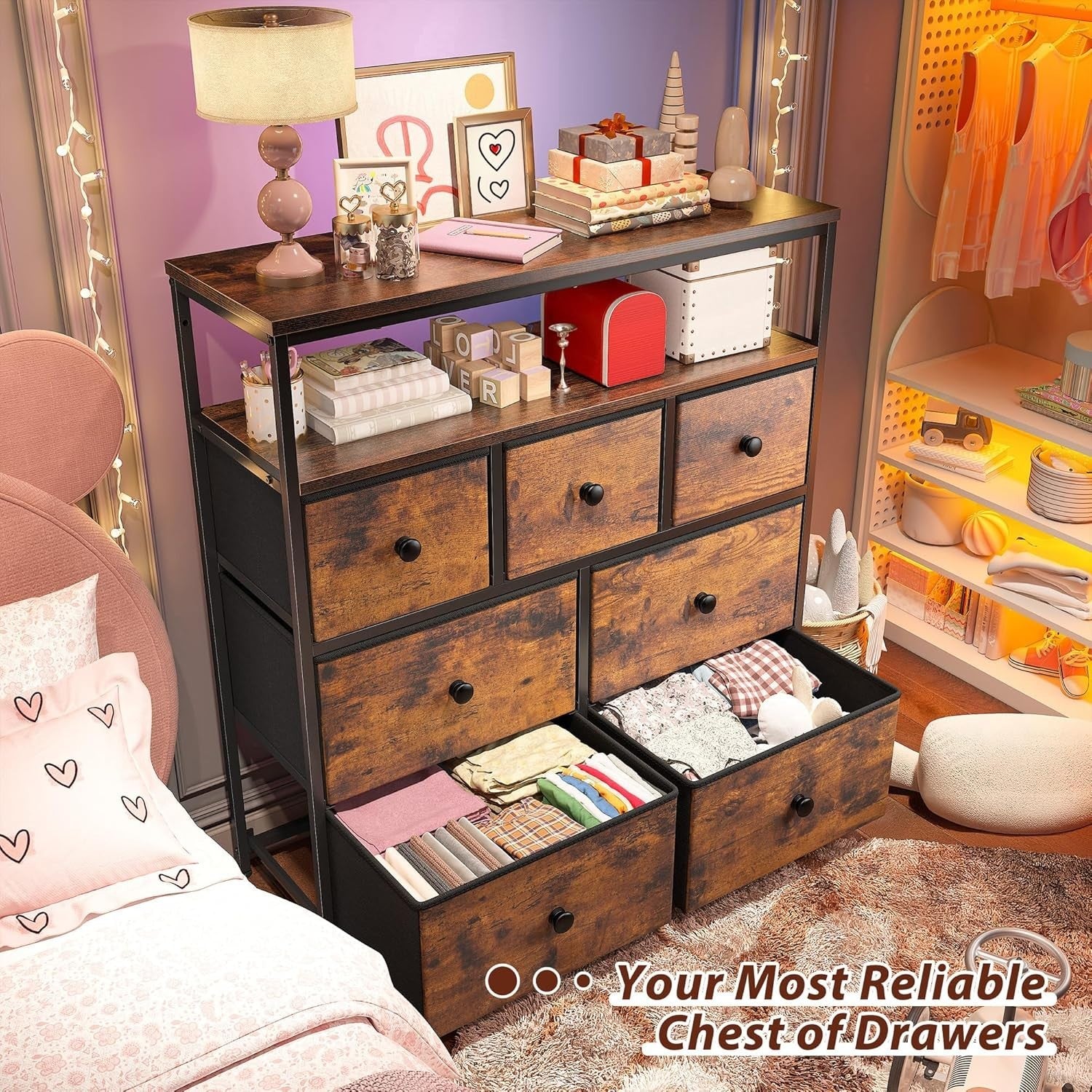 Tall Chest of Drawers Storage Unit 7 Fabric Drawers, Wood Top, Shelves