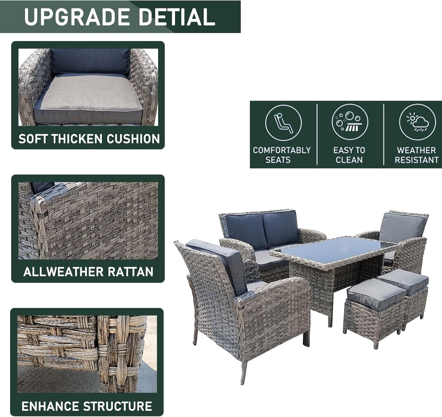 Rattan Garden Sofa Set 6PC Outdoor Dining Furniture w/ Glass Table