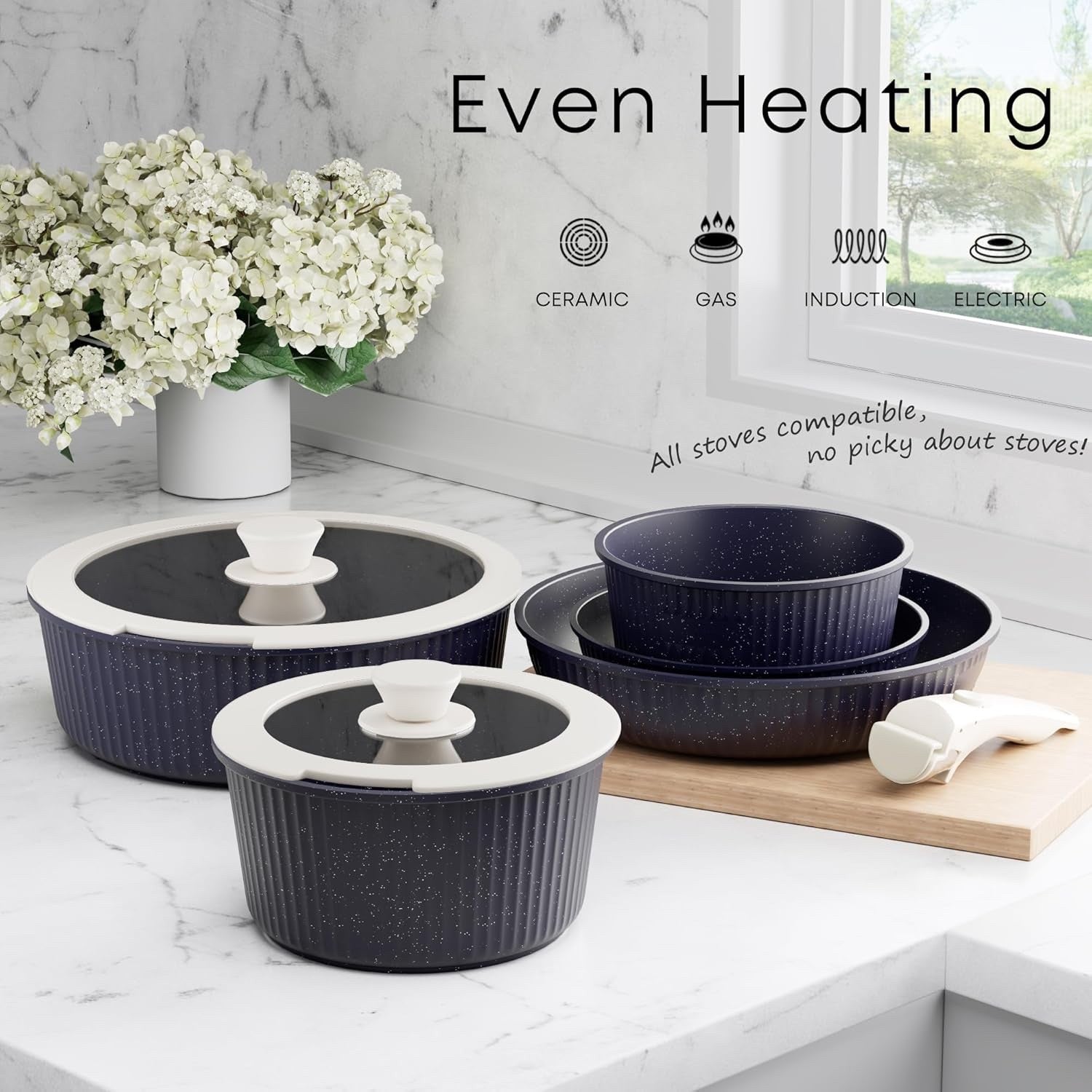 5Pcs Ribbed Dark Blue Pots Pans Set with Lids & Detachable Handle Induction Safe