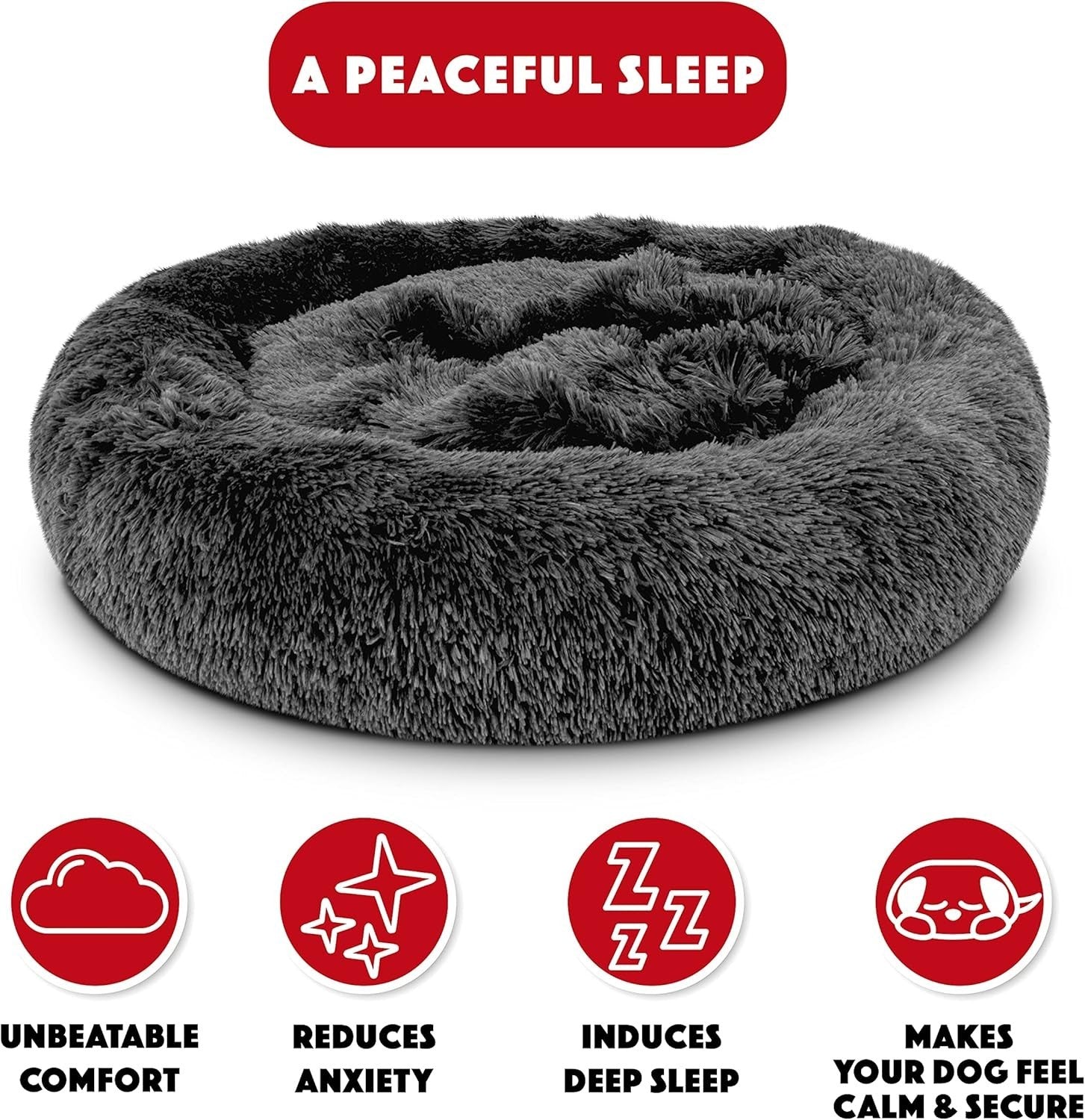 Large Plush Donut Dog Bed 91cm Calming Round Nest Grey