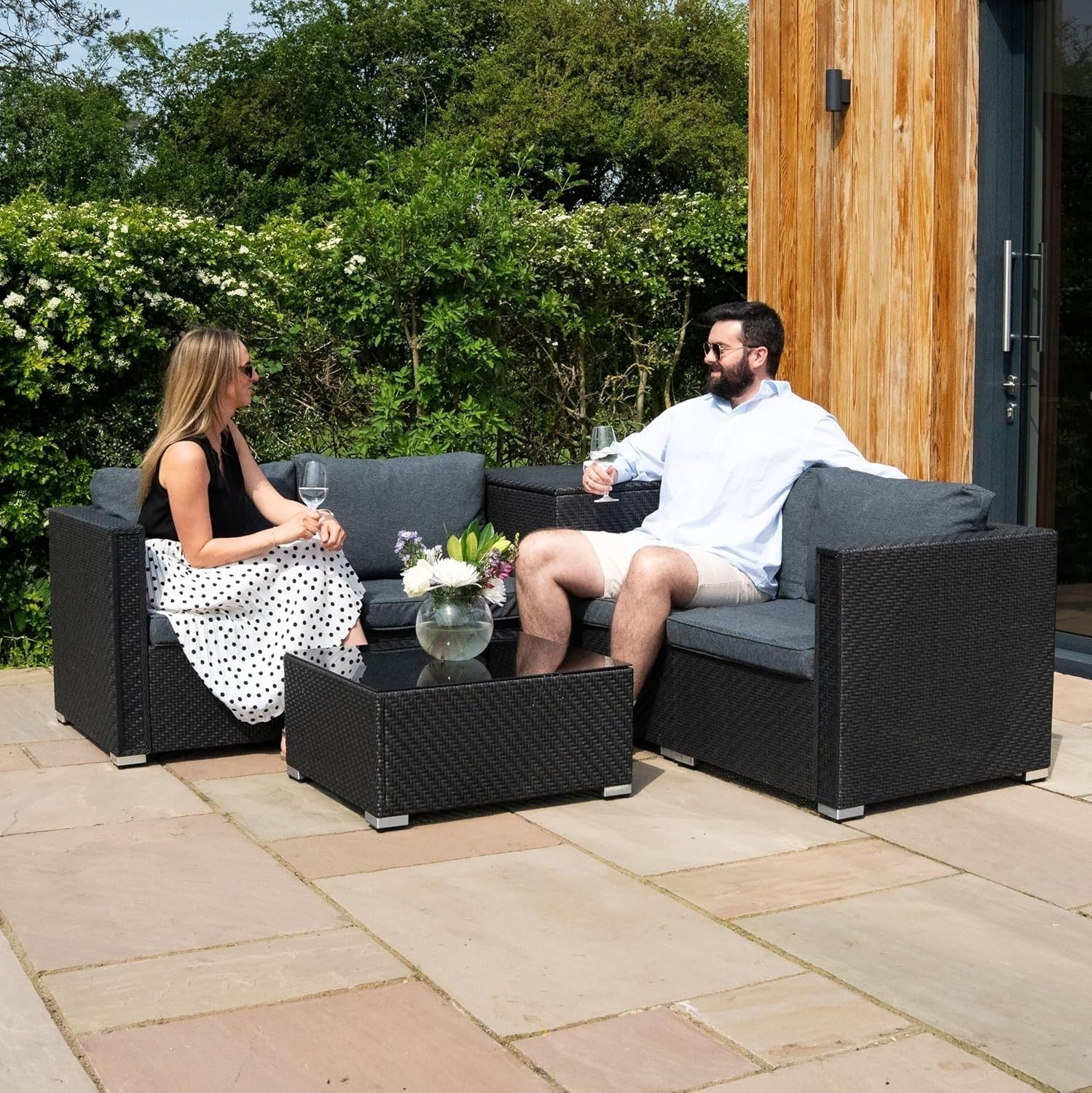 Rattan Garden Furniture Set 6PC Black Sofa Table 700L+250L Storage Cover