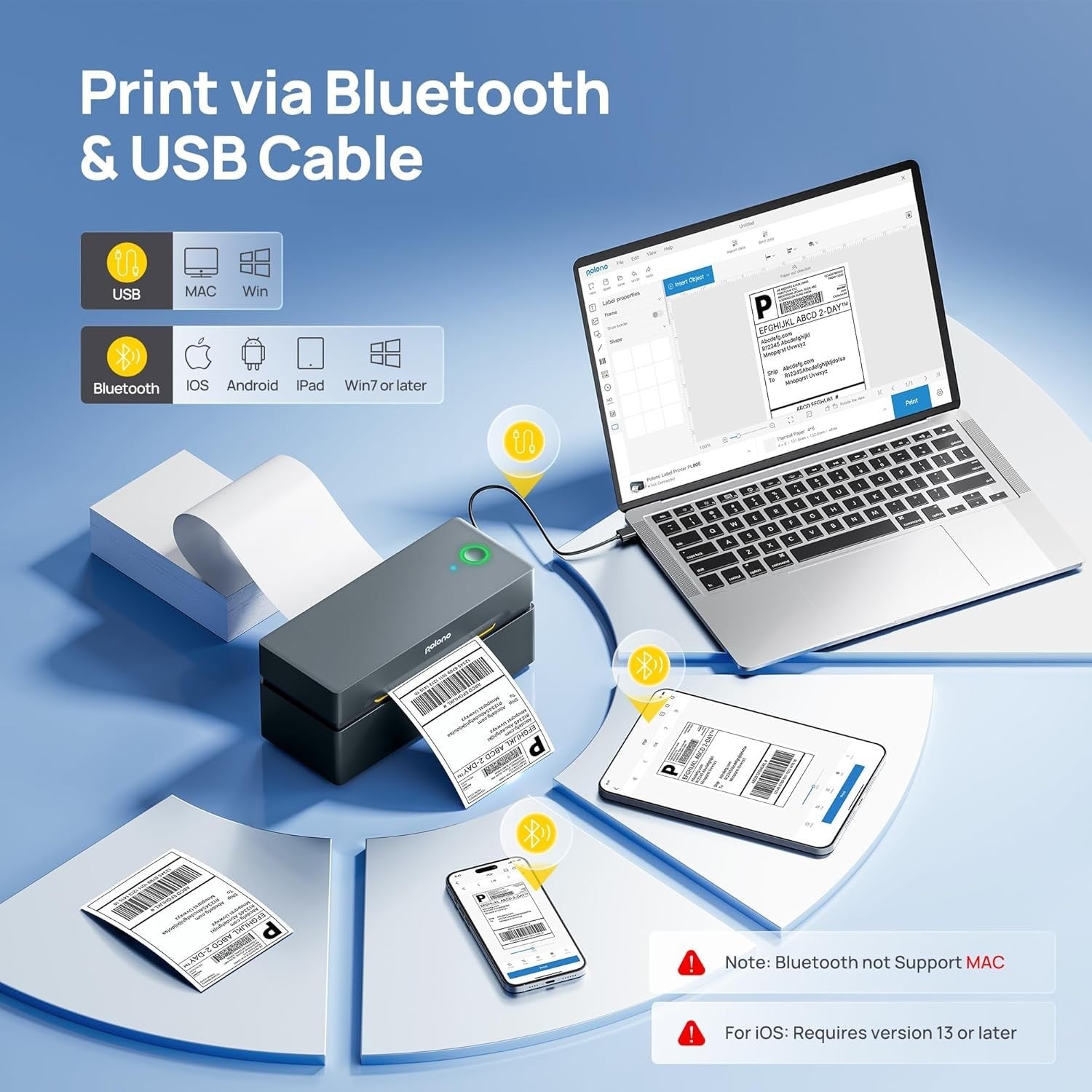 Black Bluetooth Thermal Shipping Label Printer 4x6 USB High-Speed Small Biz