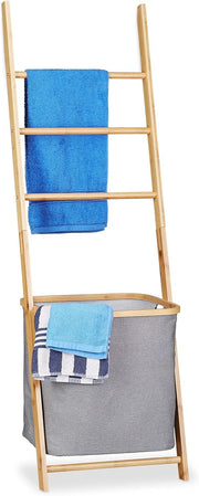 Bamboo Towel Rack with Laundry Basket – Freestanding 4-Rail Ladder Holder 139cm