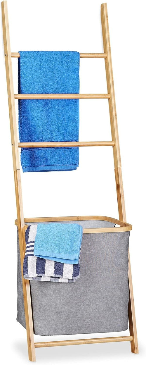 Bamboo Towel Rack with Laundry Basket – Freestanding 4-Rail Ladder Holder 139cm