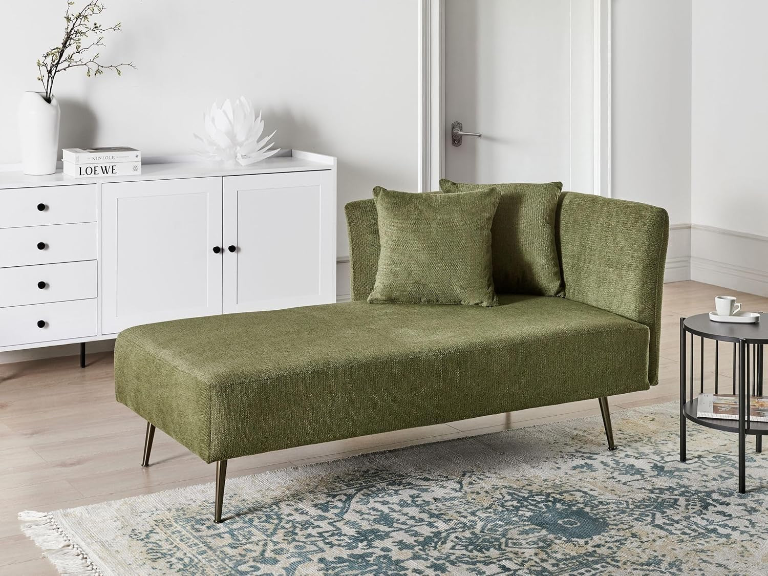 Green Chaise Lounge Sofa Modern | Cushions, Metal Legs, Compact & Comfy