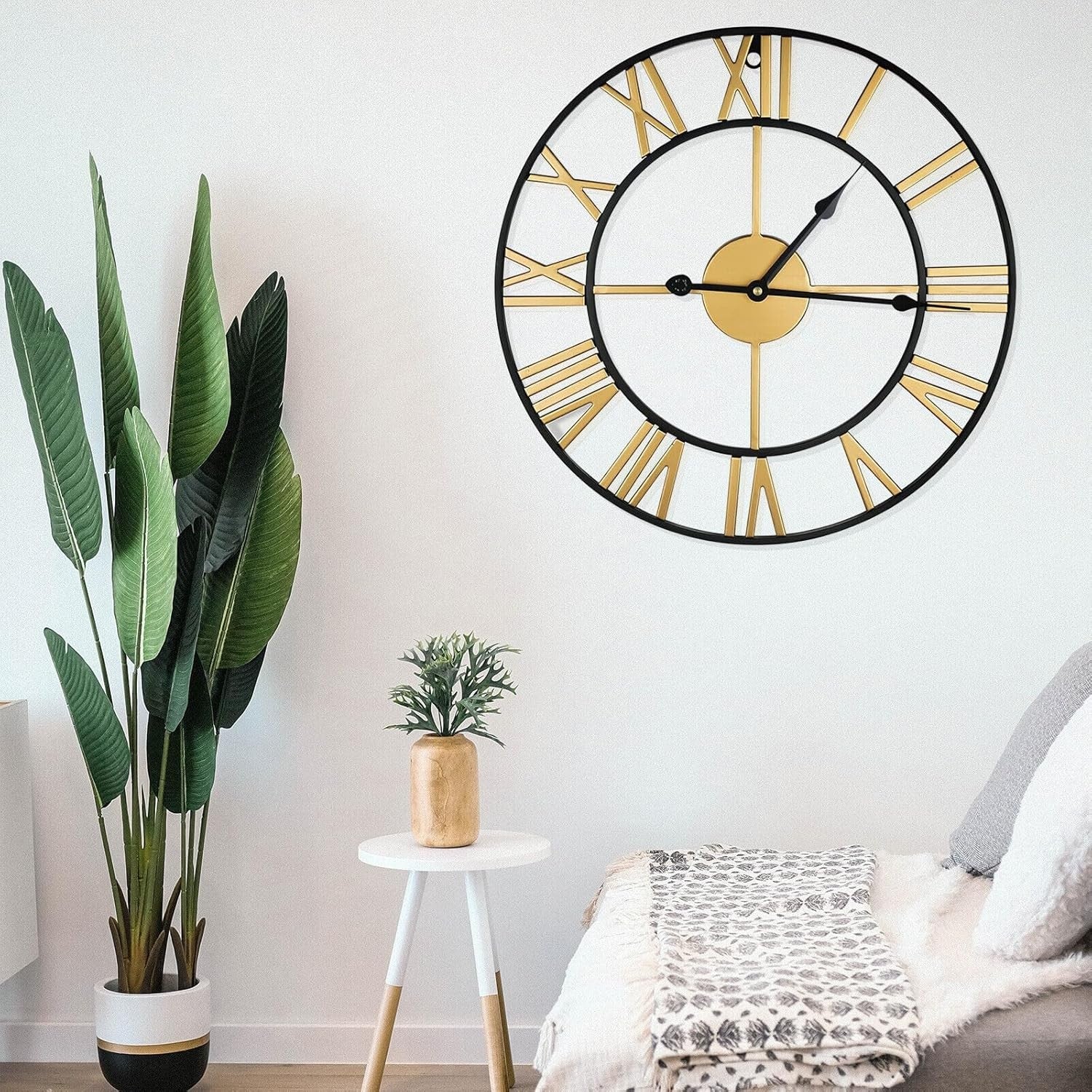 Large 60cm Skeleton Wall Clock Metal Roman Numerals Vintage Gold Black Home Deco