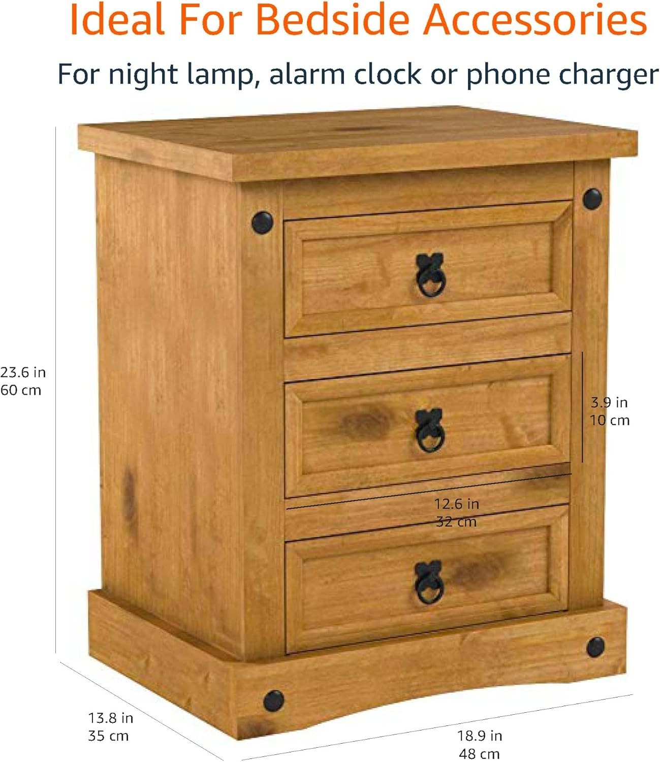 Solid Pine 3 Drawer Bedside Table, Rustic Wooden Nightstand, Wax Finish