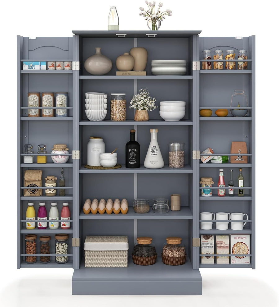 Grey Kitchen Pantry Cupboard Tall Storage Cabinet with Adjustable Shelves