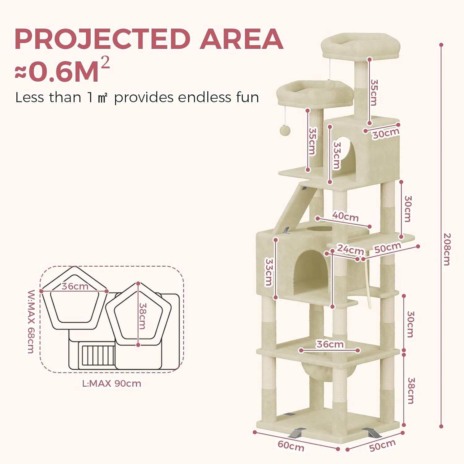 208cm Tall Cat Tree Tower Beige Anti-Tip Multi-Level Condo Scratching Post