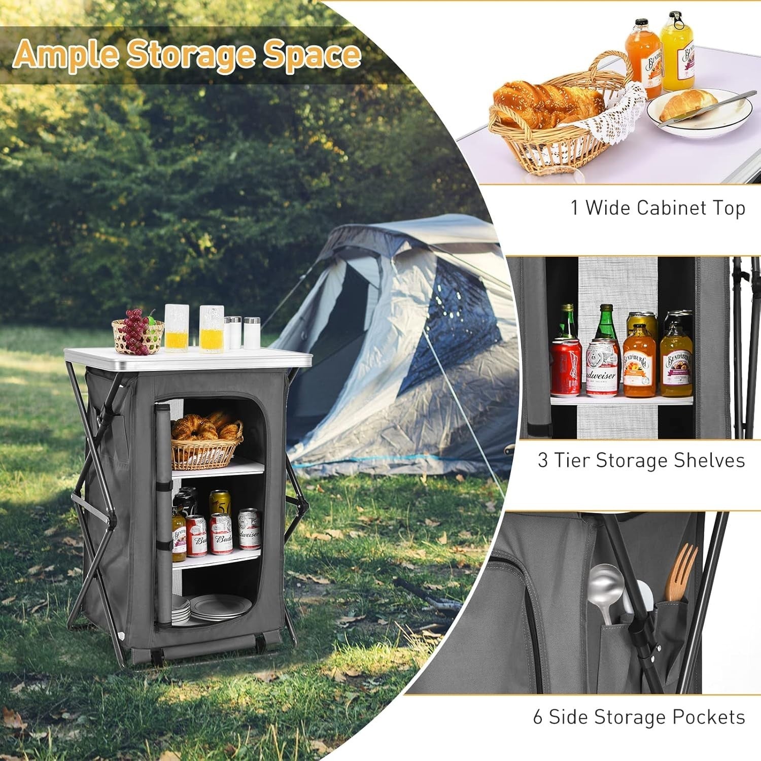 Portable Folding Camping Storage Cabinet with 3 Compartments & Side Pockets