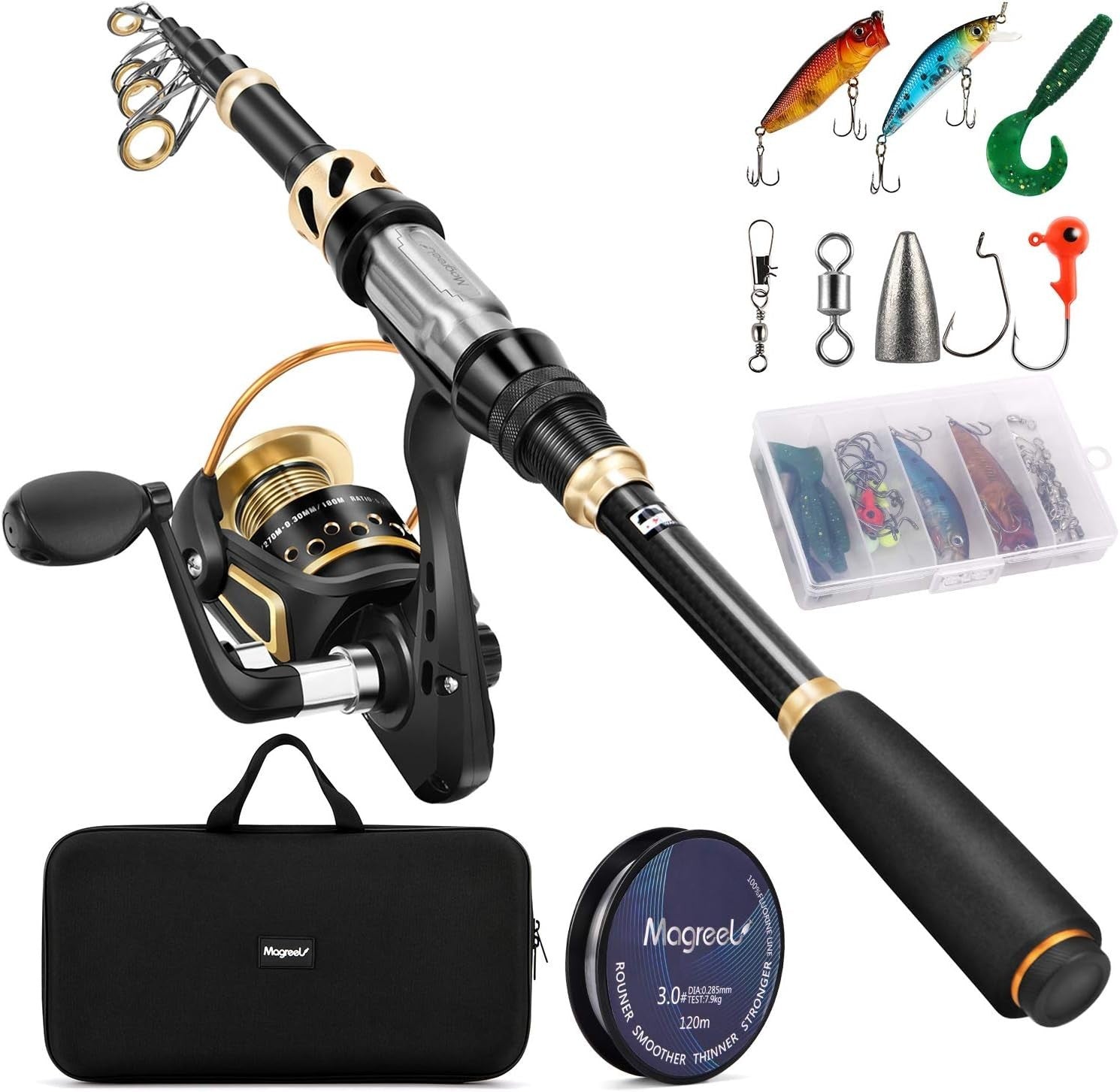 Telescopic Fishing Rod Spinning Reel Combo Kit with Lures Bag Carbon 2.7M