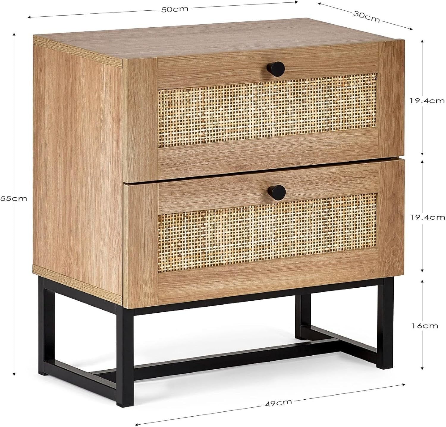 Modern Oak 2 Drawer Bedside Table with Rattan Front 50x30x55cm