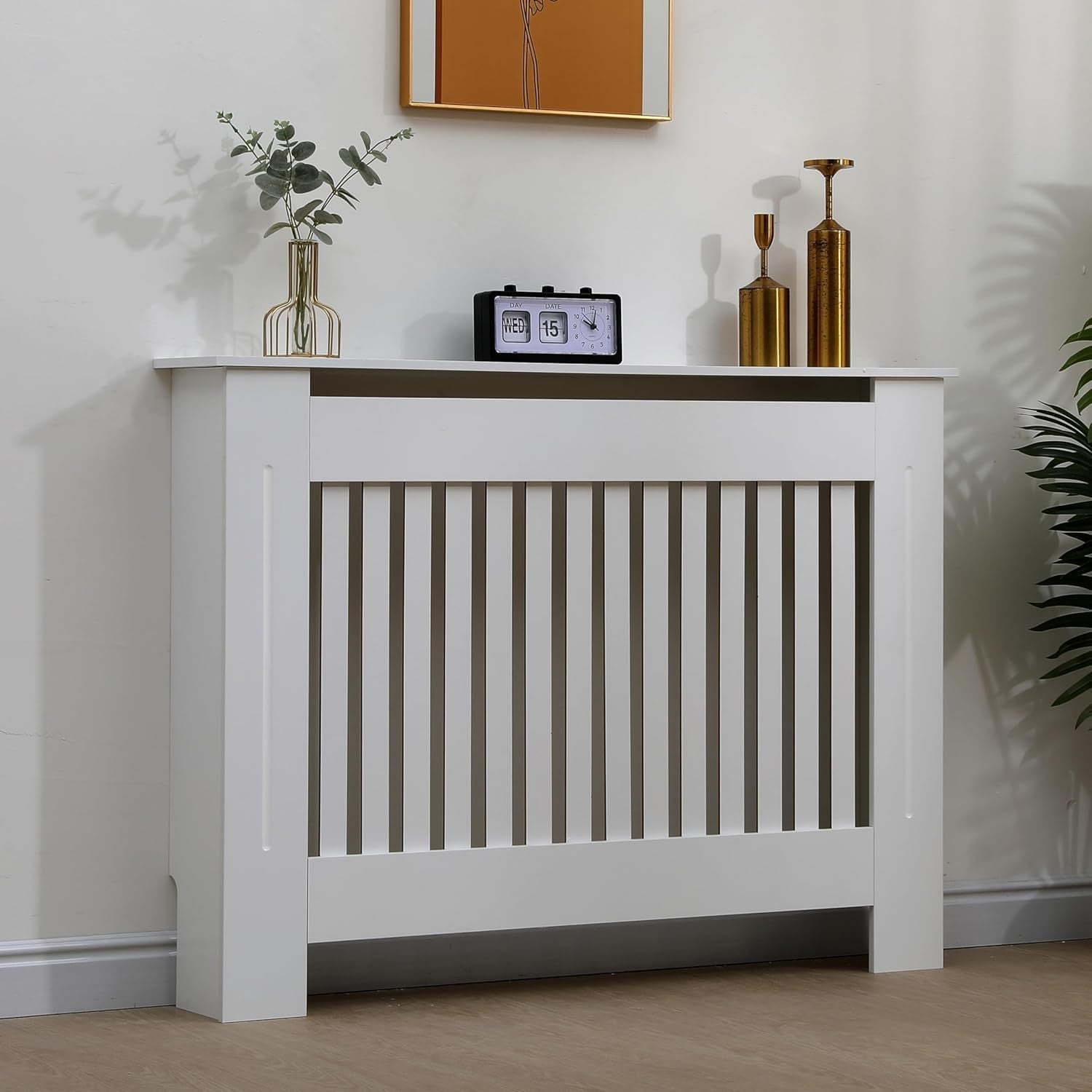 White Radiator Cover Medium MDF Wood Vertical Slat Cabinet Shelf 112cm Modern