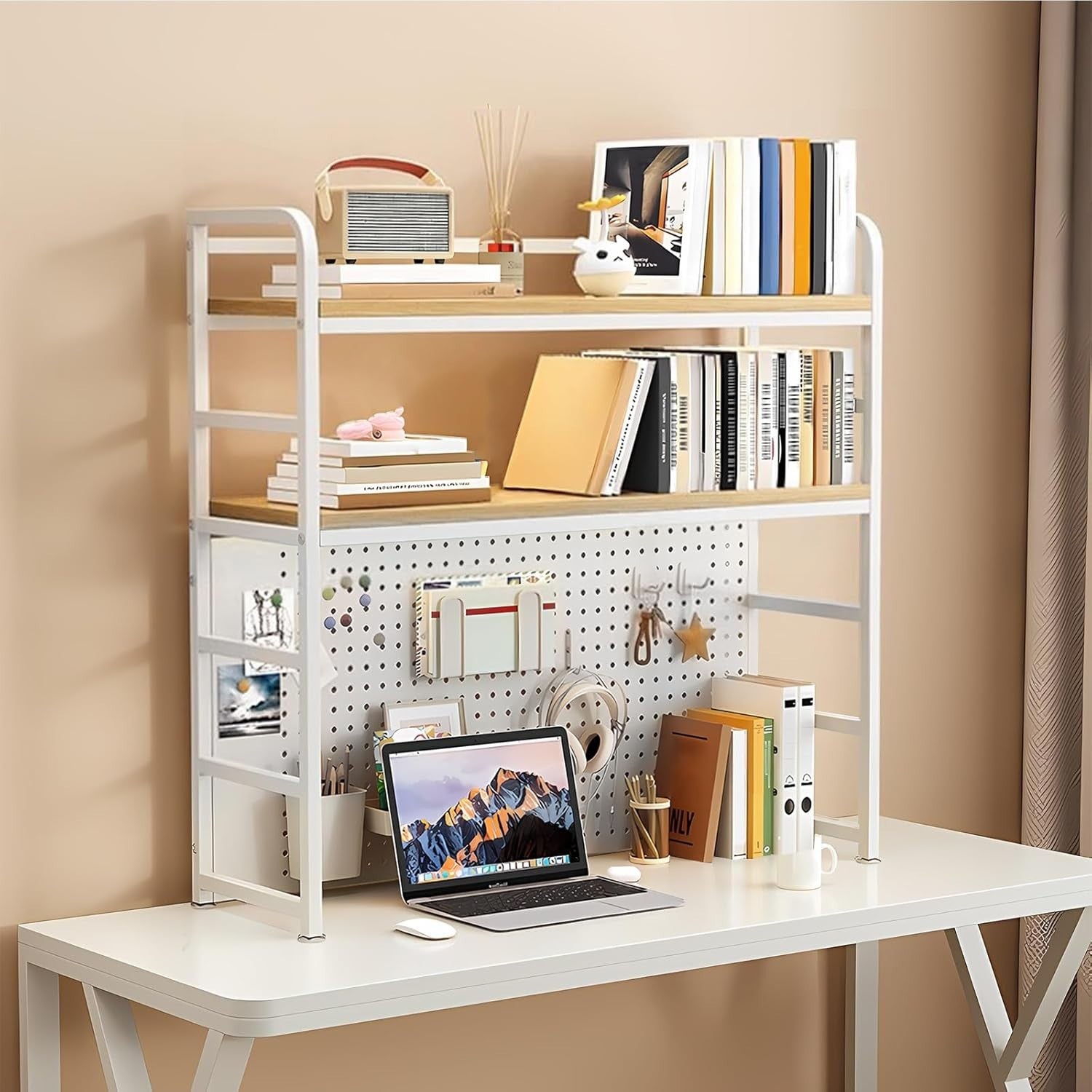 2-Tier Desktop Hutch Shelf w/ Pegboard Metal/MDF Organizer Rack 70cm White