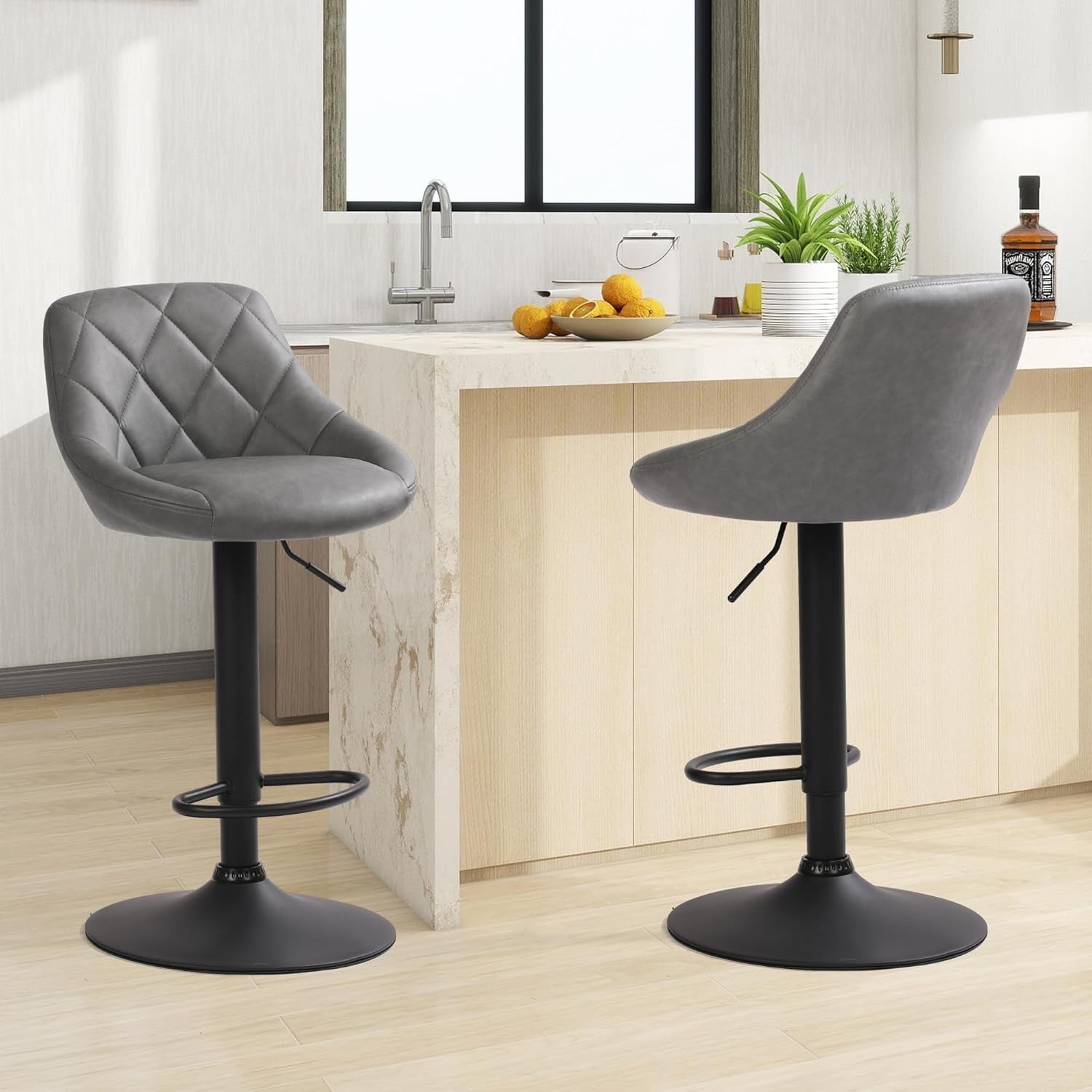 Adjustable Modern PU Leather Bar Stools with Footrest – Grey