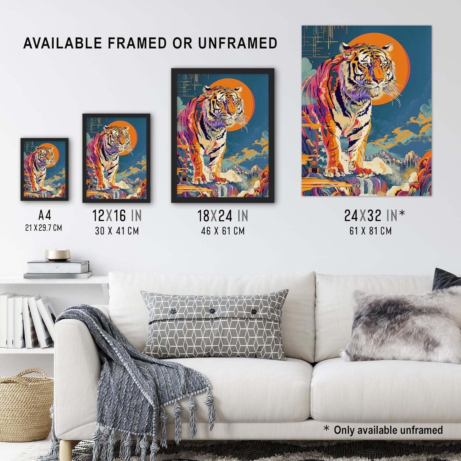 Japanese Tiger Wall Art 12x16 Framed Abstract Animal Living Room Decor