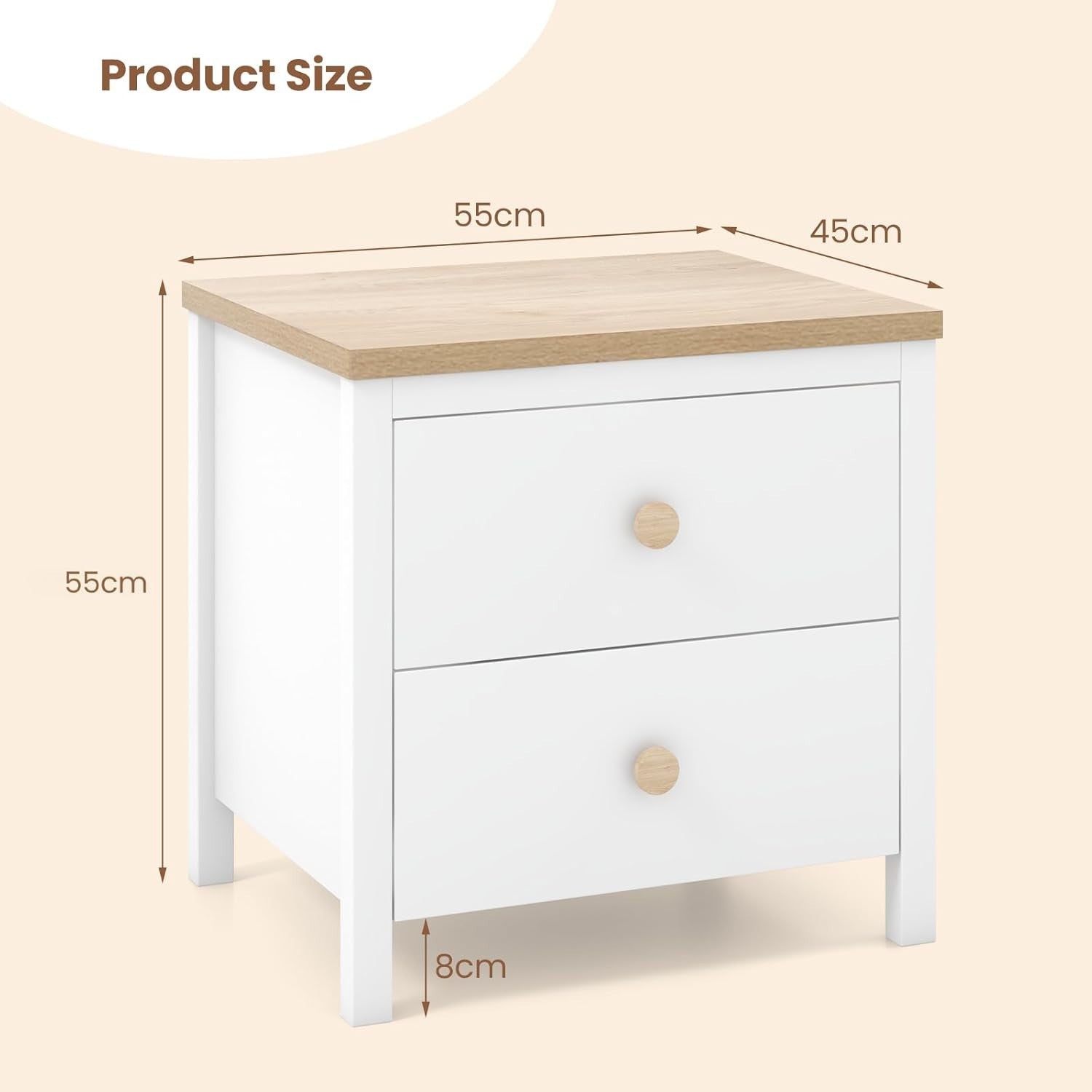 White 2 Drawer Bedside Table with Wood Top – Modern Nightstand